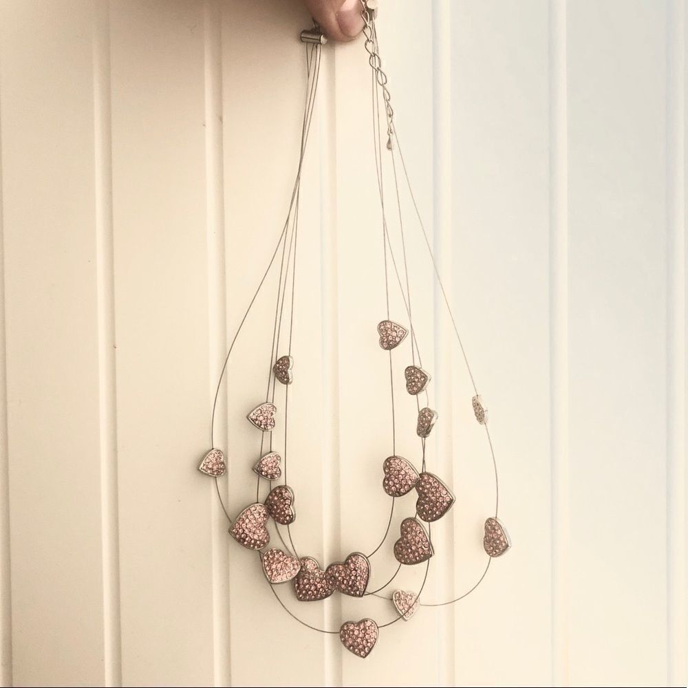 Pink rhinestone silver heart layered Necklace